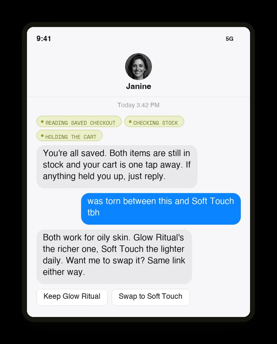 Janine holding a cart over SMS and offering the swap